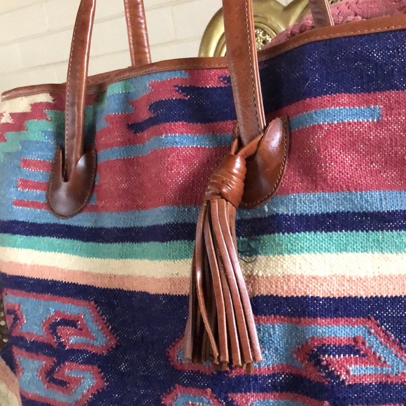 Saddle blanket Navajo Aztec textile bag leather tote weekender - Picture 4 of 8